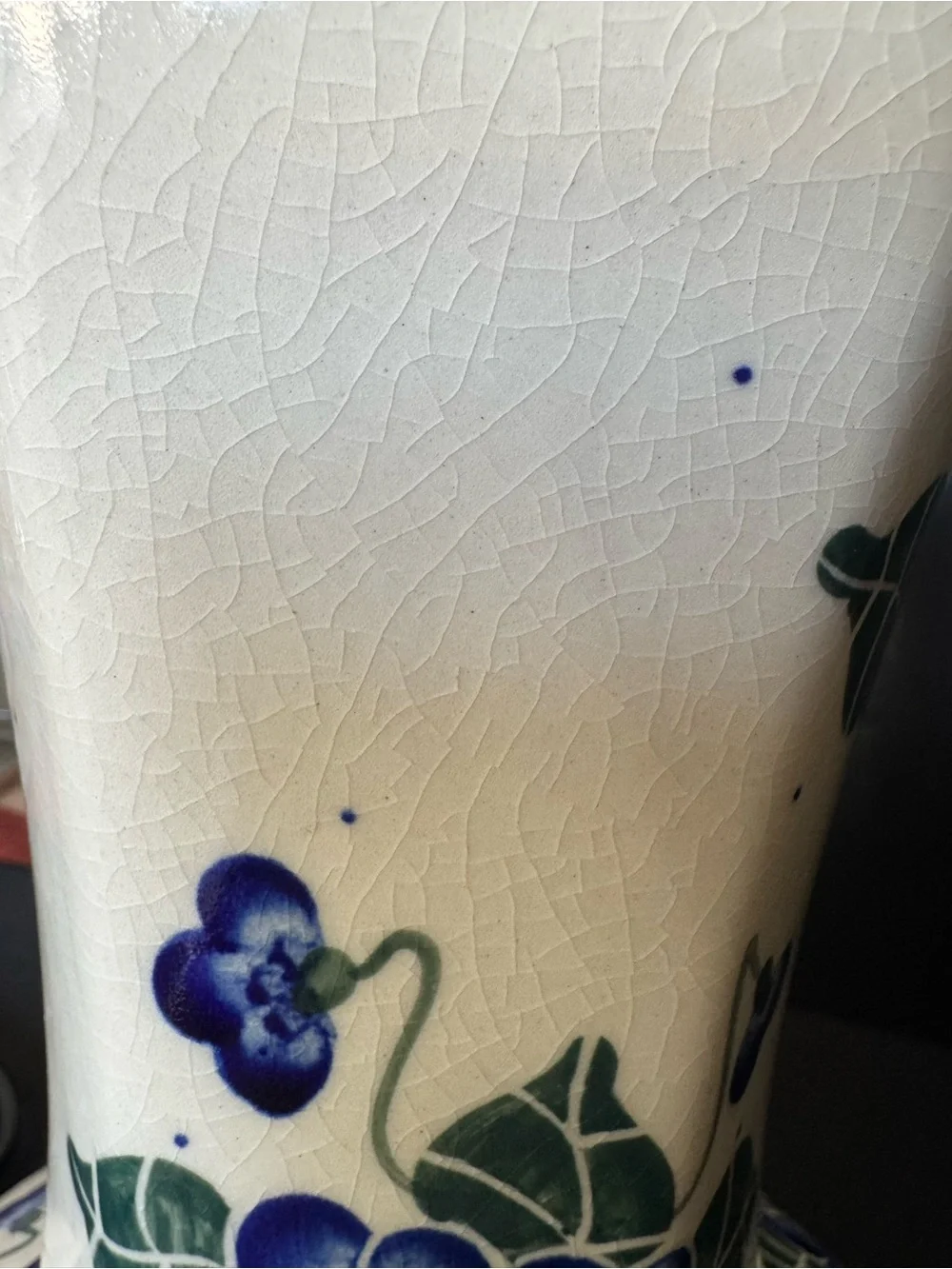 W R Unikat Polish Pottery Vase Blue Flowers and Greenery Crazing